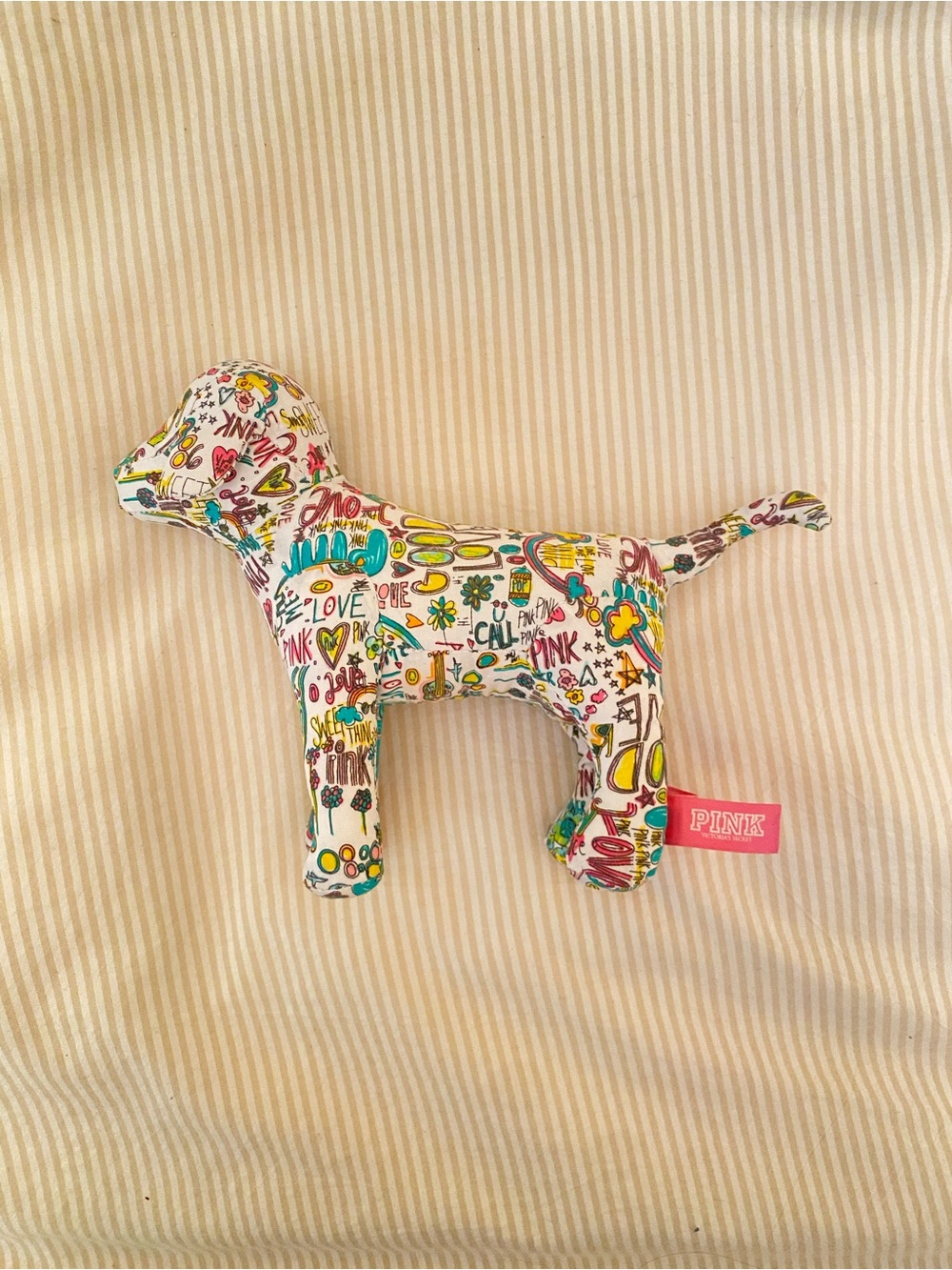 Vintage PINK Victoria's Secret White Multicolor Doodle Dog Plush Toy